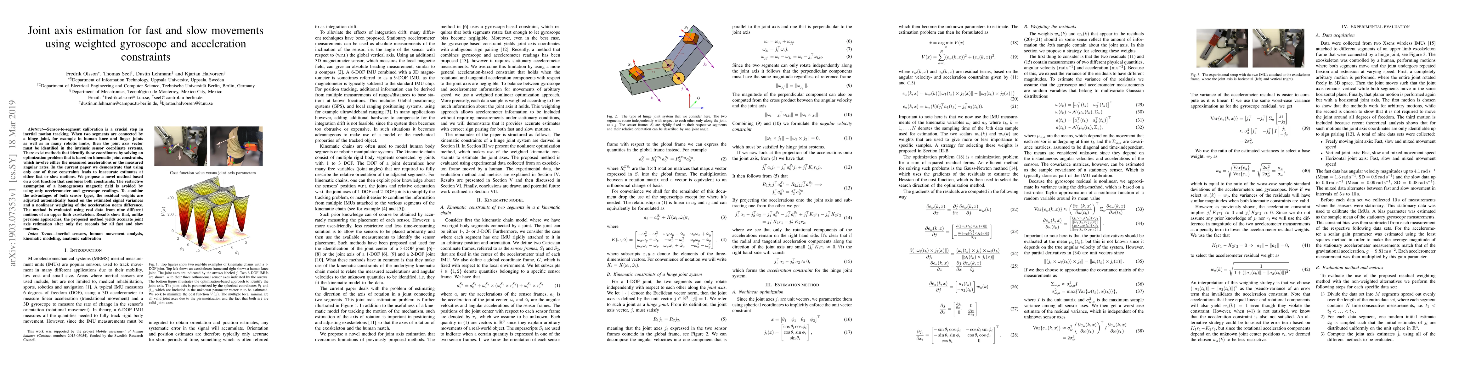Thumbnail for Joint axis estimation for fast and slow movements using weighted
  gyroscope and acceleration constraints