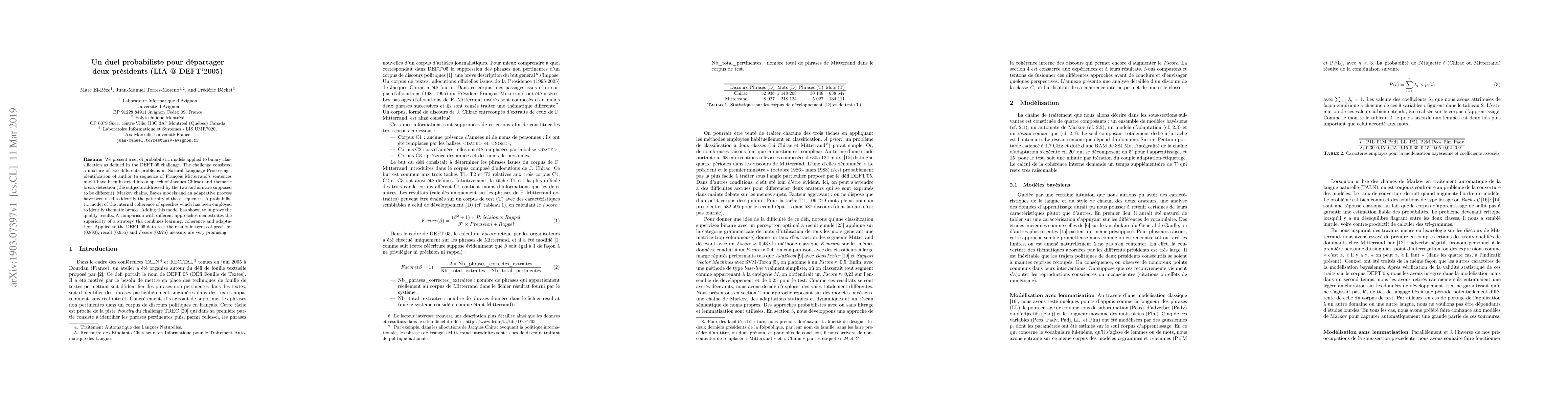 Thumbnail for Un duel probabiliste pour d\'epartager deux pr\'esidents (LIA @
  DEFT'2005)