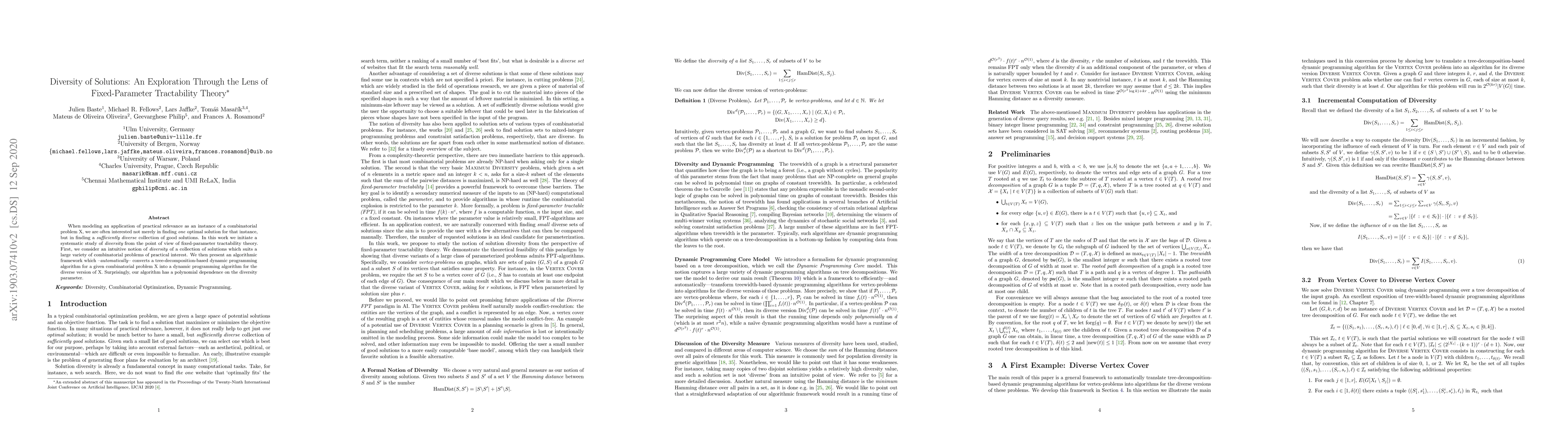 Thumbnail for Diversity of Solutions: An Exploration Through the Lens of
  Fixed-Parameter Tractability Theory