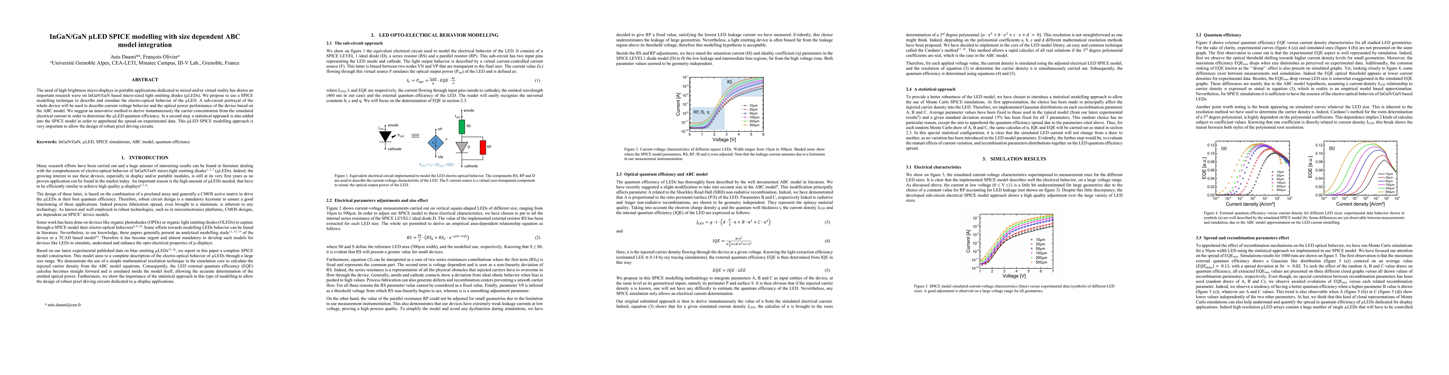 Thumbnail for InGaN/GaN {\mu}LED SPICE modelling with size dependent ABC model
  integration