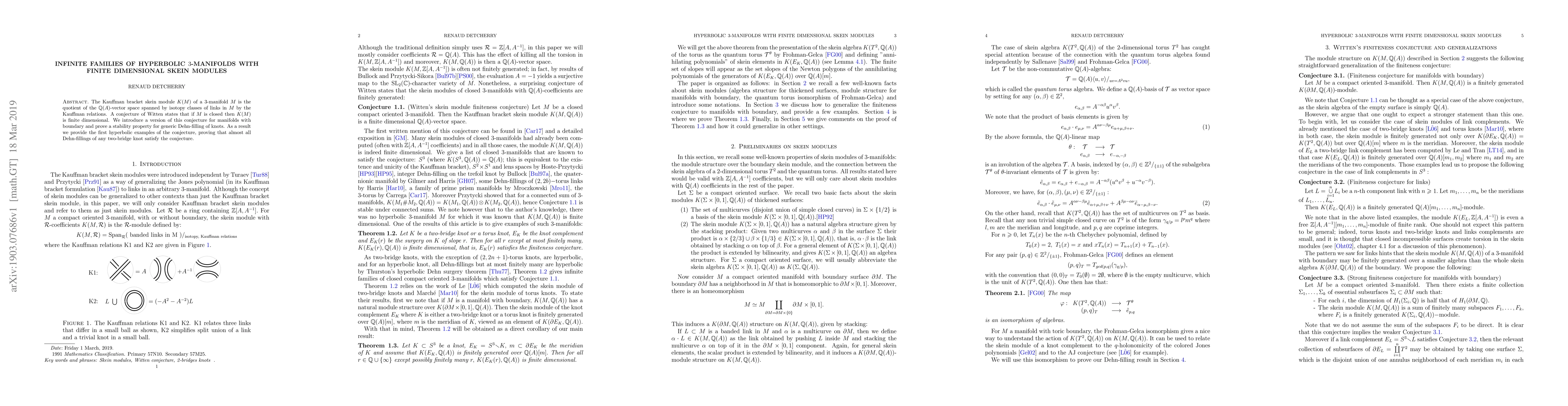 Thumbnail for Infinite families of hyperbolic $3$-manifolds with finite dimensional
  skein modules