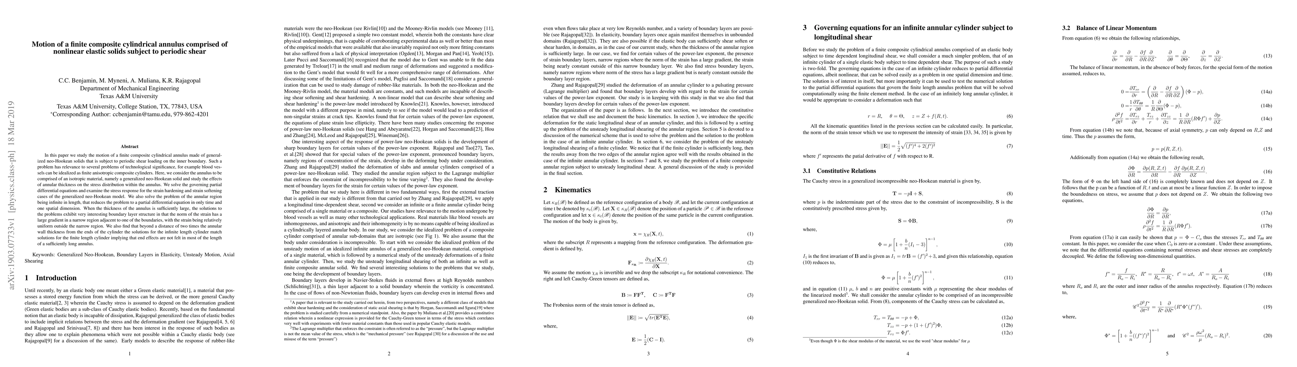 Thumbnail for Motion of a finite composite cylindrical annulus comprised of nonlinear
  elastic solids subject to periodic shear