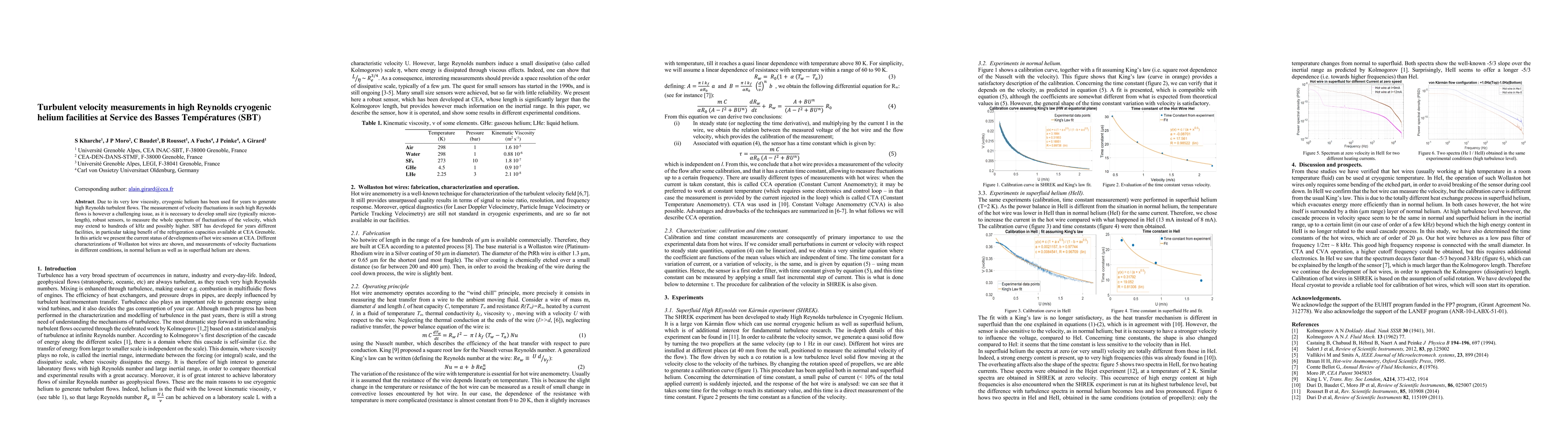 Thumbnail for Turbulent velocity measurements in high Reynolds cryogenic helium
  facilities at Service des Basses Temperatures (SBT)