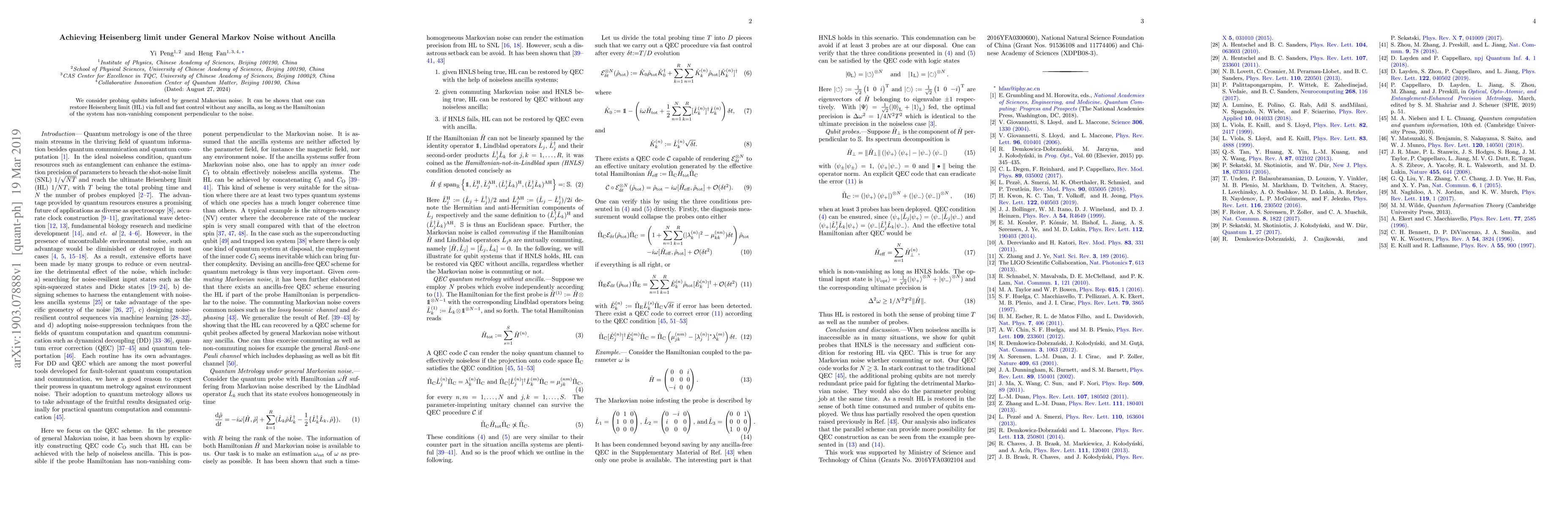 Thumbnail for Achieving Heisenberg limit under General Markov Noise without Ancilla