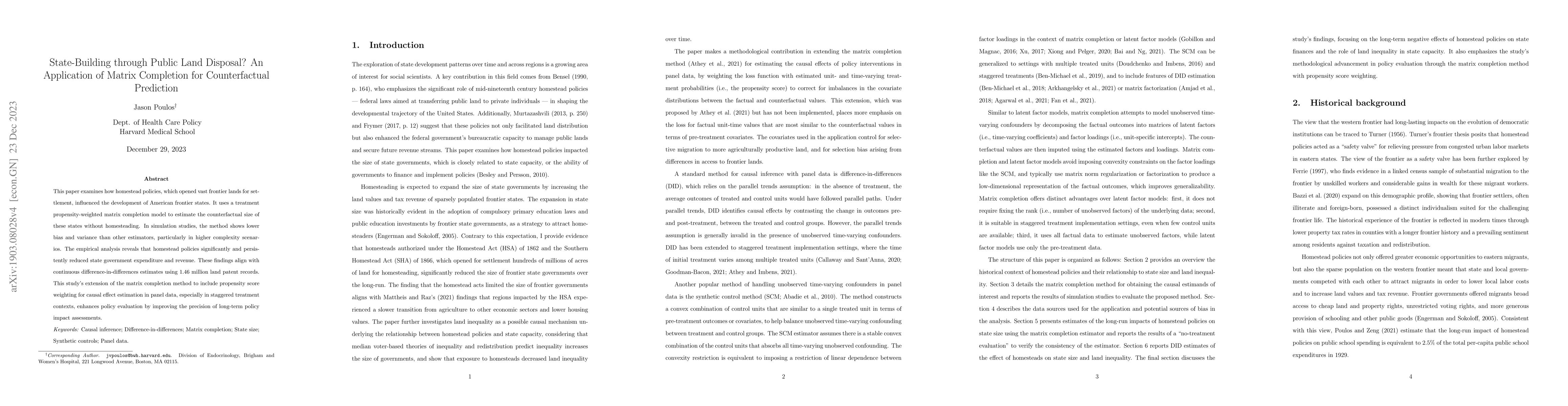 Thumbnail for State-Building through Public Land Disposal? An Application of Matrix
  Completion for Counterfactual Prediction