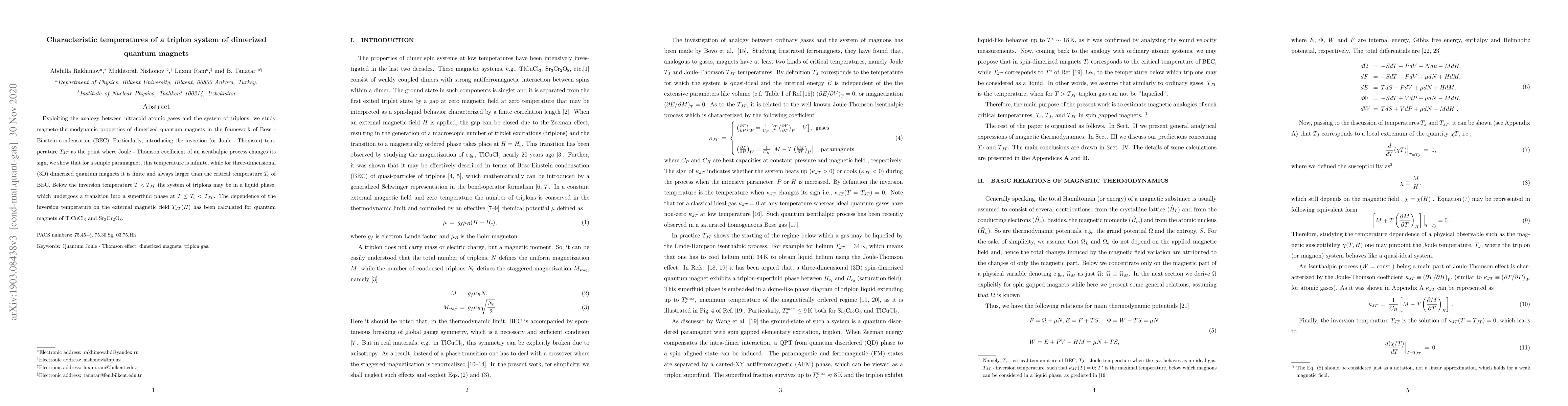 Thumbnail for Characteristic temperatures of a triplon system of dimerized quantum
  magnets