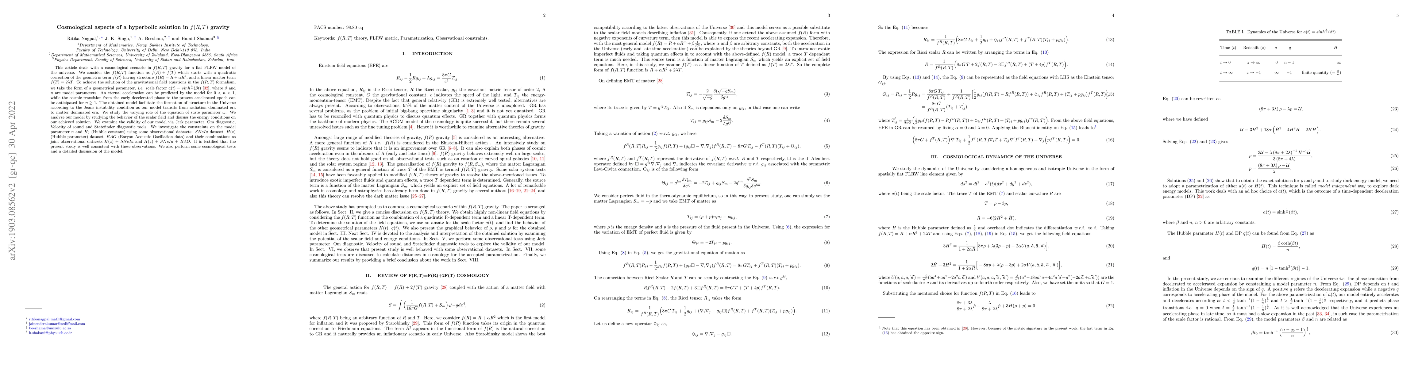 Thumbnail for Cosmological aspects of a hyperbolic solution in $f(R,T)$ gravity