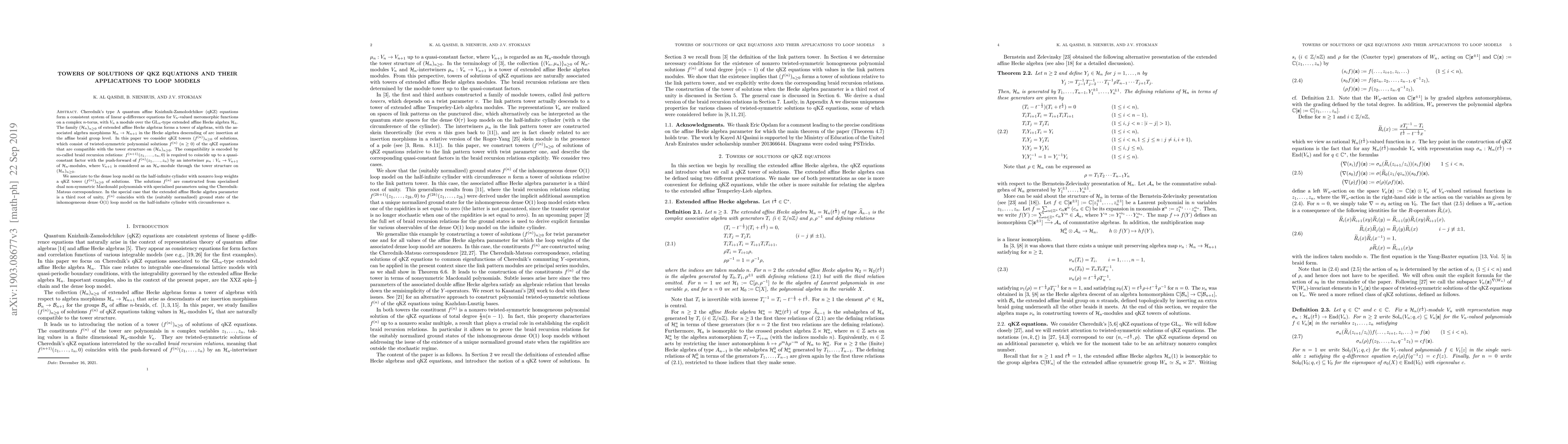 Thumbnail for Towers of solutions of qKZ equations and their applications to loop
  models