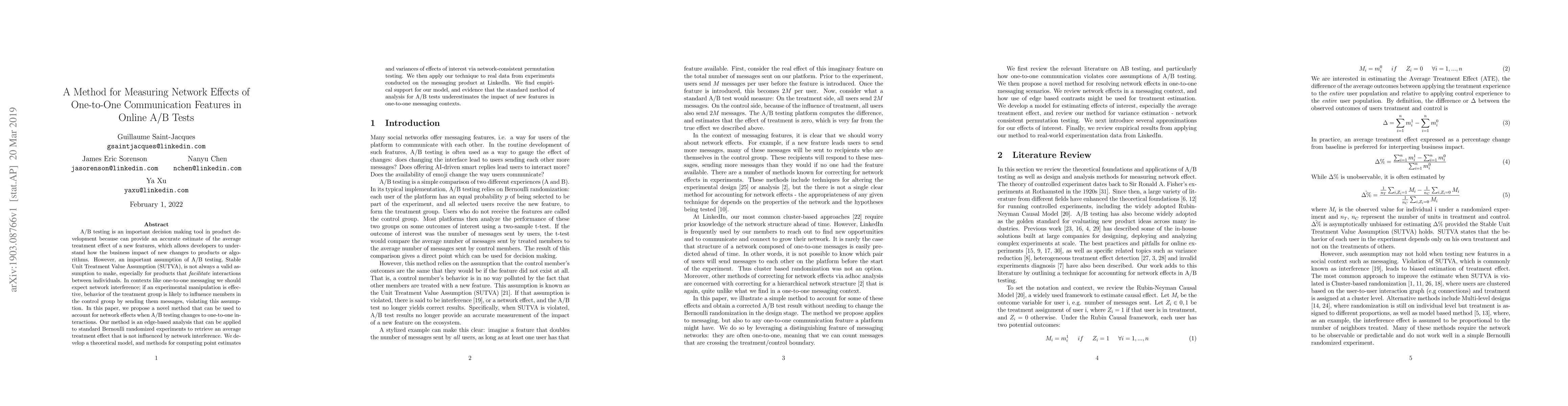 Thumbnail for A Method for Measuring Network Effects of One-to-One Communication
  Features in Online A/B Tests