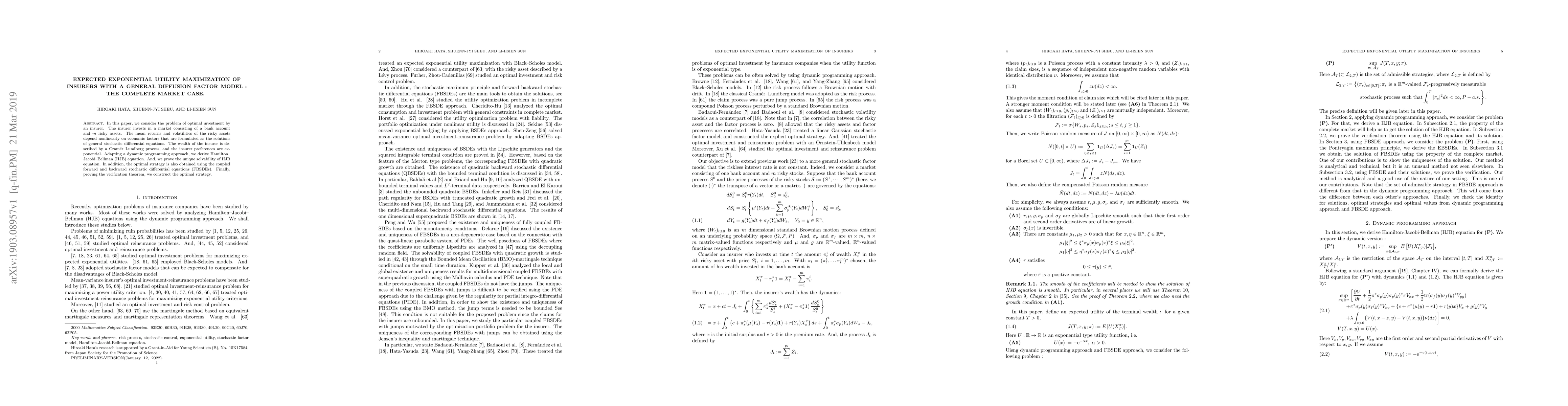 Thumbnail for Expected exponential utility maximization of insurers with a general
  diffusion factor model : The complete market case