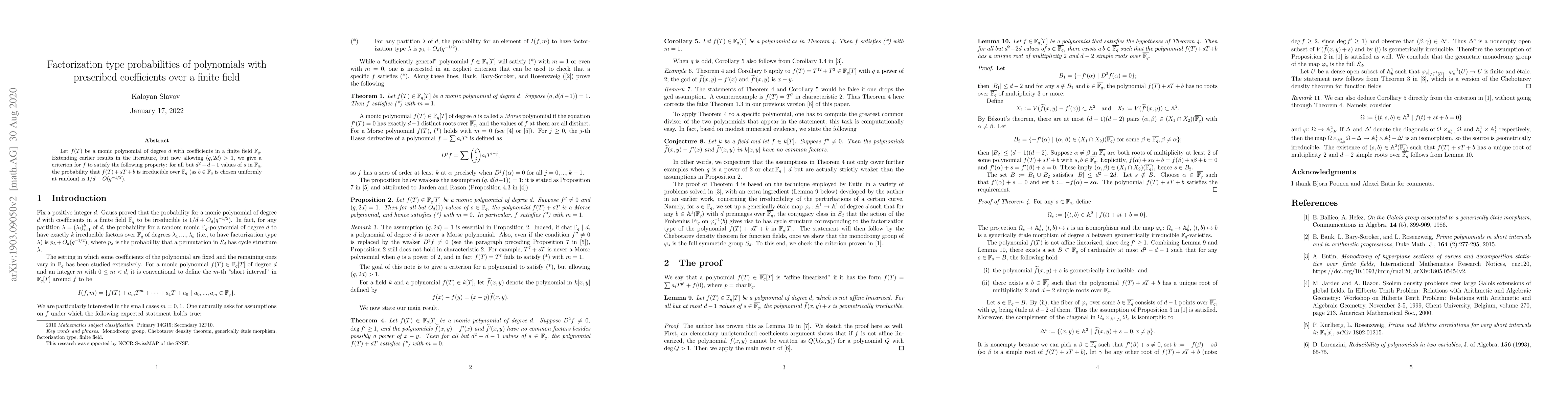 Thumbnail for Factorization type probabilities of polynomials with prescribed
  coefficients over a finite field