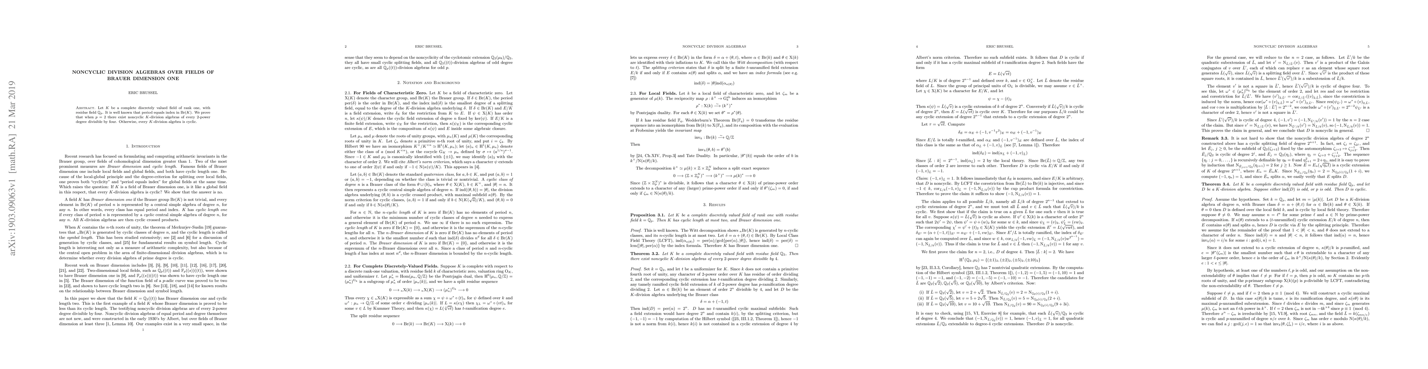Thumbnail for Noncyclic Division Algebras over Fields of Brauer Dimension One