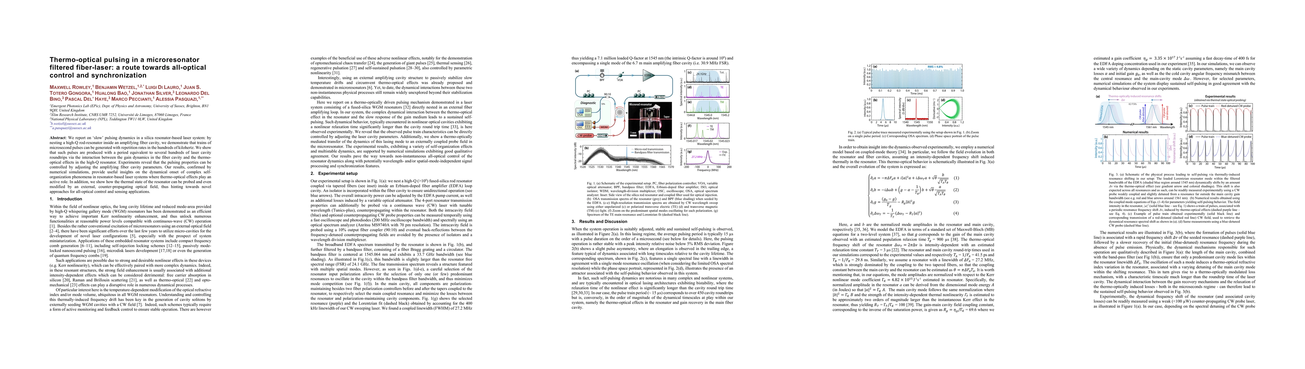 Thumbnail for Thermo-optical pulsing in a microresonator filtered fiber-laser: a route
  towards all-optical control and synchronization
