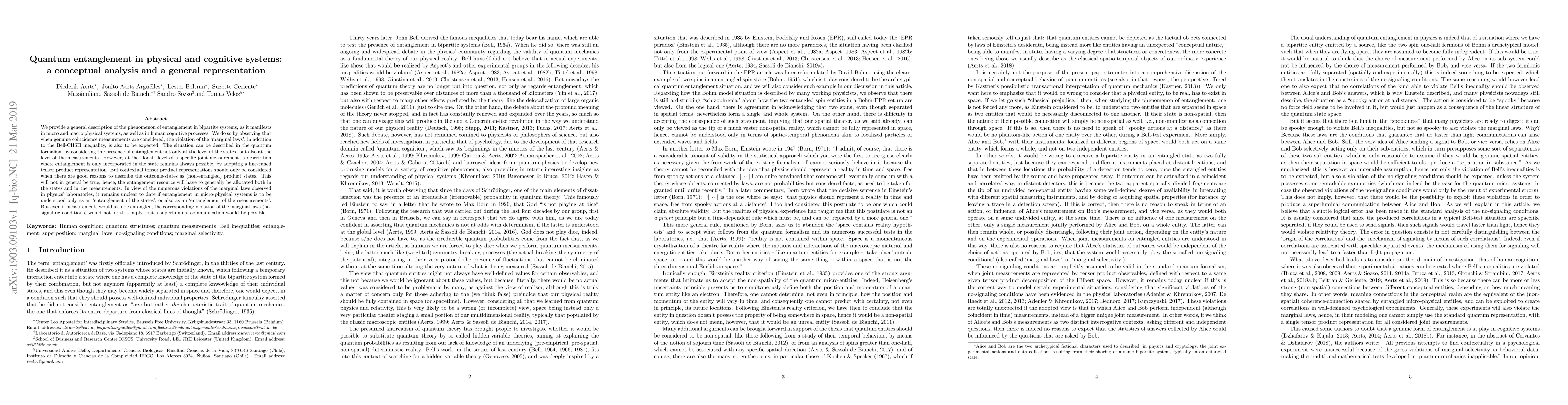 Thumbnail for Quantum entanglement in physical and cognitive systems: a conceptual
  analysis and a general representation