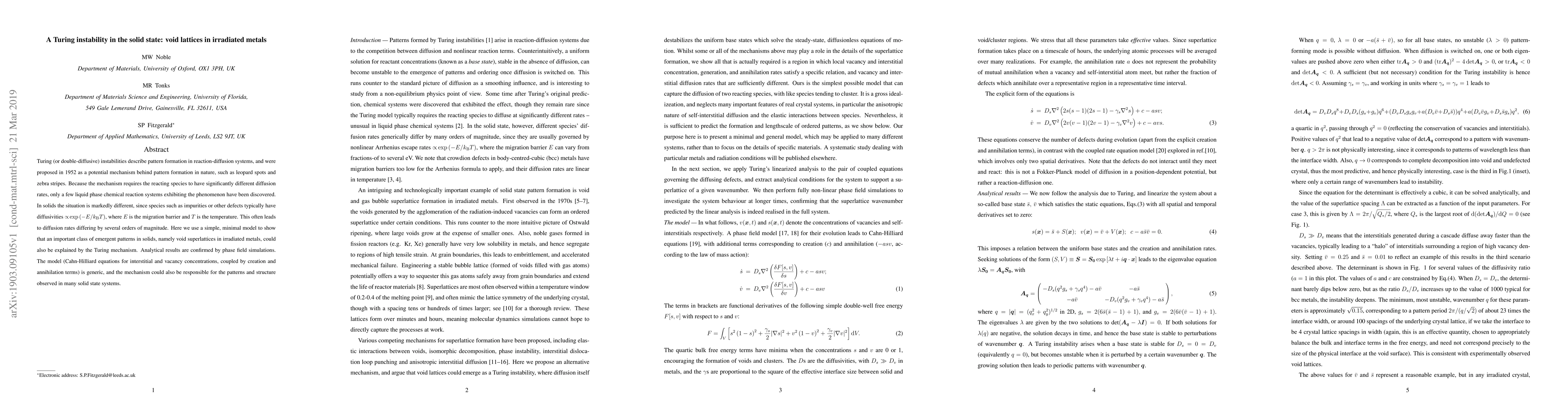 Thumbnail for A Turing instability in the solid state: void lattices in irradiated
  metals