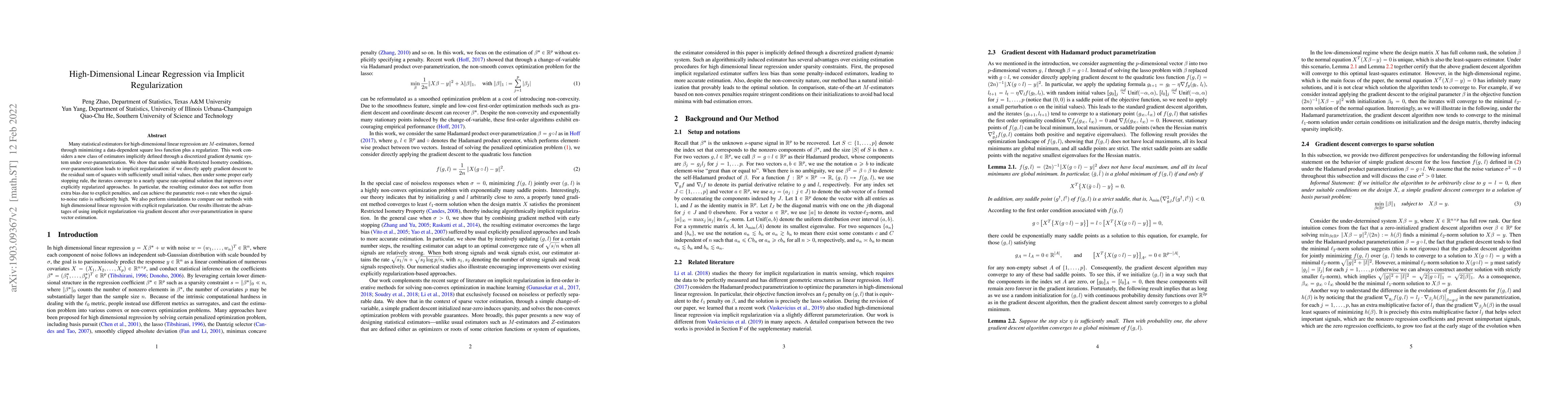 Thumbnail for High-Dimensional Linear Regression via Implicit Regularization