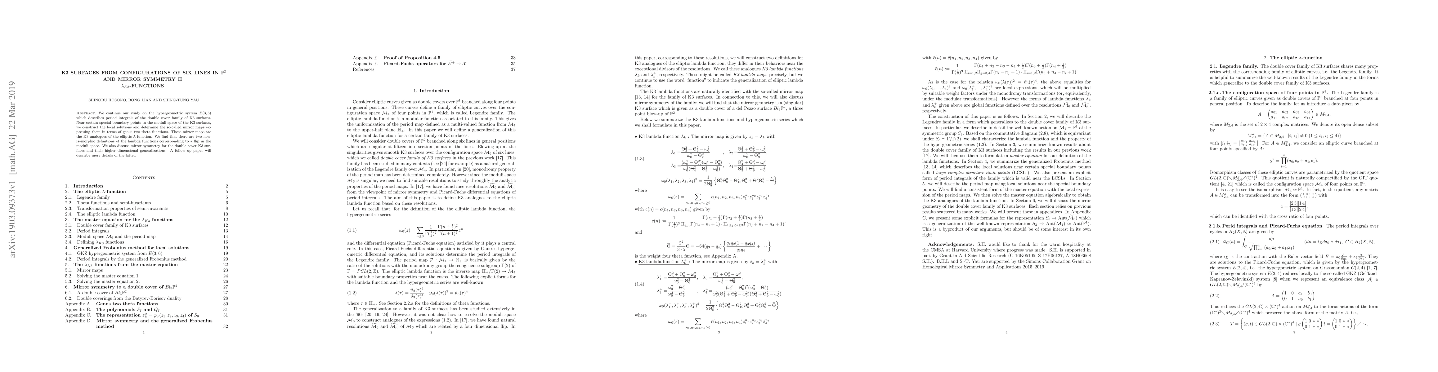 Thumbnail for K3 surfaces from configurations of six lines in $\mathbb{P}^{2}$ and
  mirror symmetry II --- $\lambda_{K3}$-functions ---