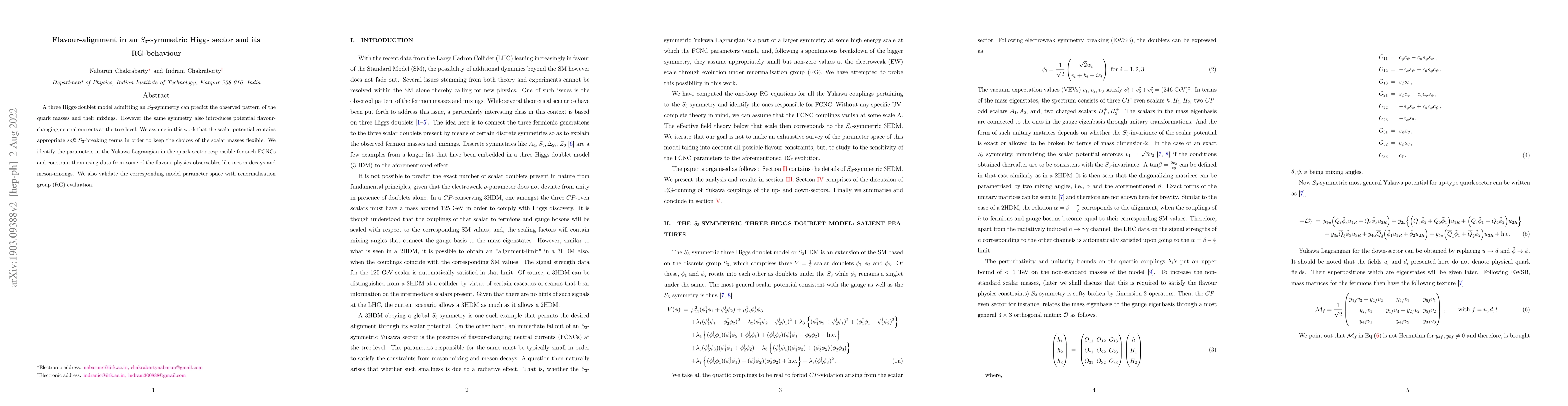 Thumbnail for Flavour-alignment in an $S_3$-symmetric Higgs sector and its
  RG-behaviour