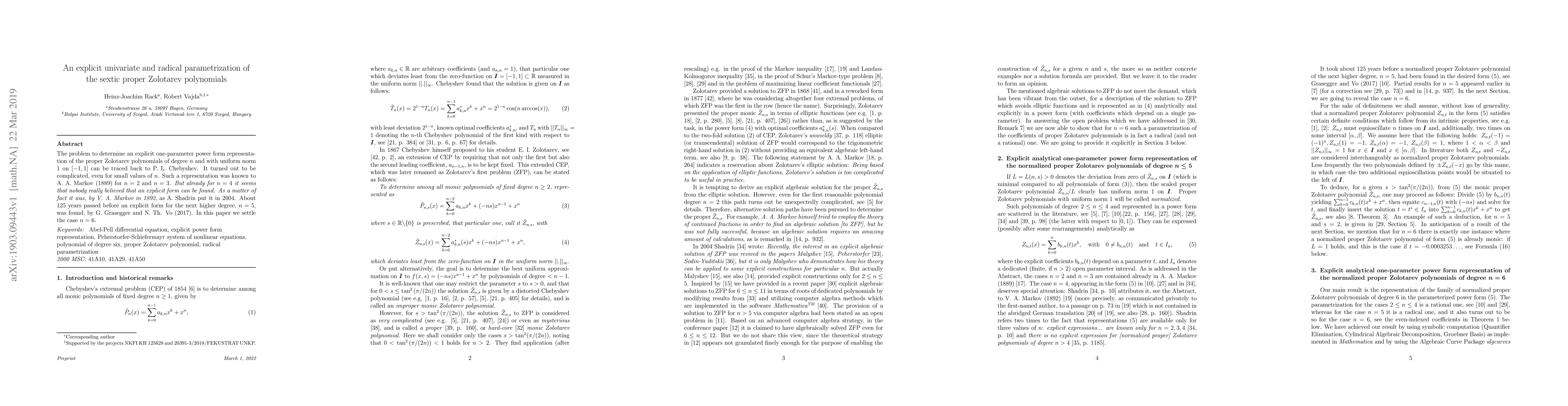 Thumbnail for An explicit univariate and radical parametrization of the sextic proper
  Zolotarev polynomials