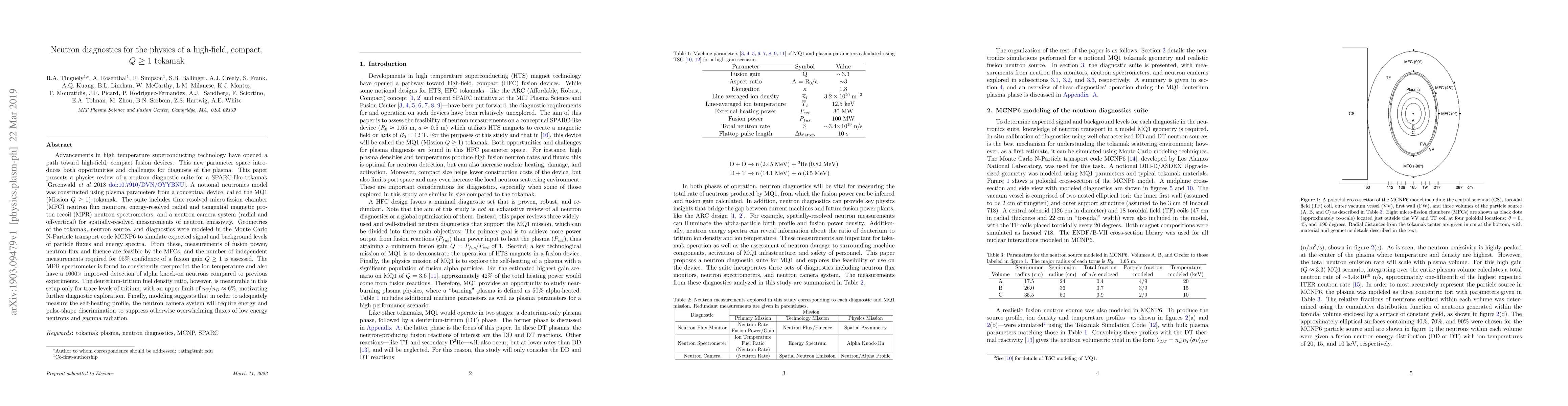 Thumbnail for Neutron diagnostics for the physics of a high-field, compact, $Q\geq1$
  tokamak