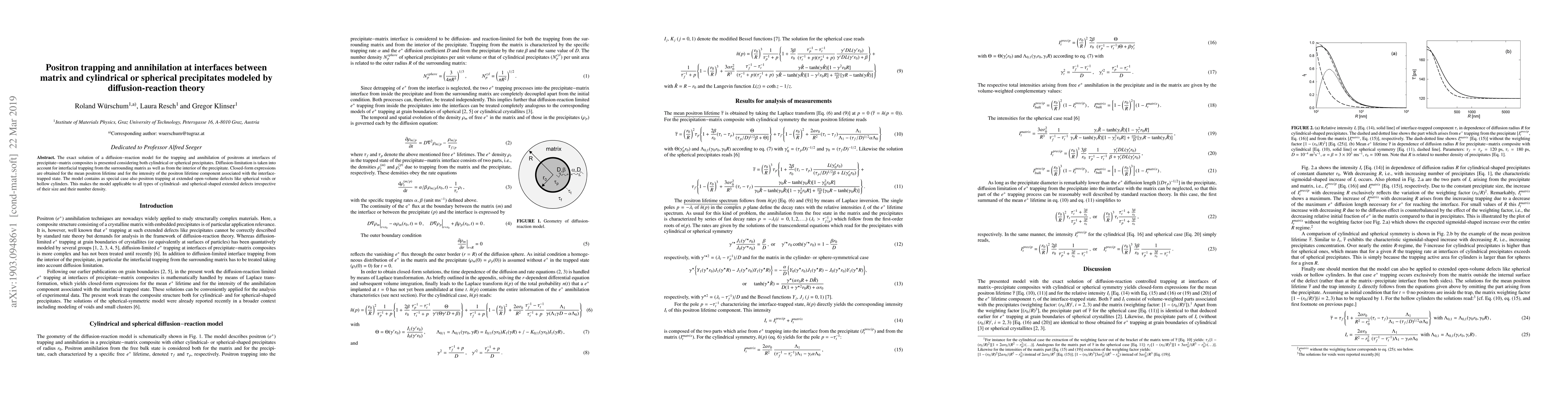 Thumbnail for Positron trapping and annihilation at interfaces between matrix and
  cylindrical or spherical precipitates modeled by diffusion-reaction theory