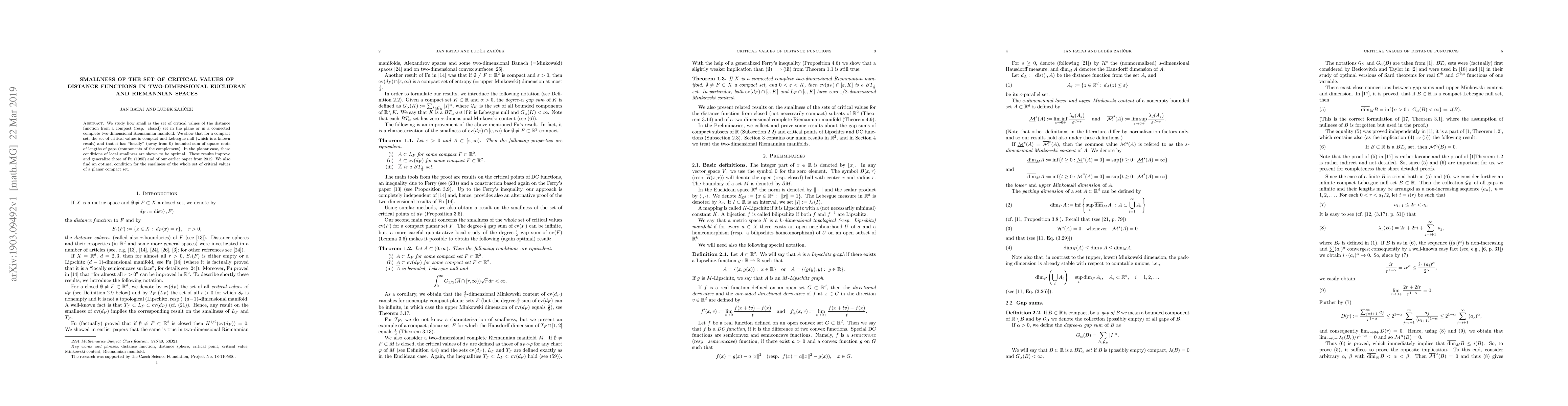Thumbnail for Smallness of the set of critical values of distance functions in
  two-dimensional Euclidean and Riemannian spaces