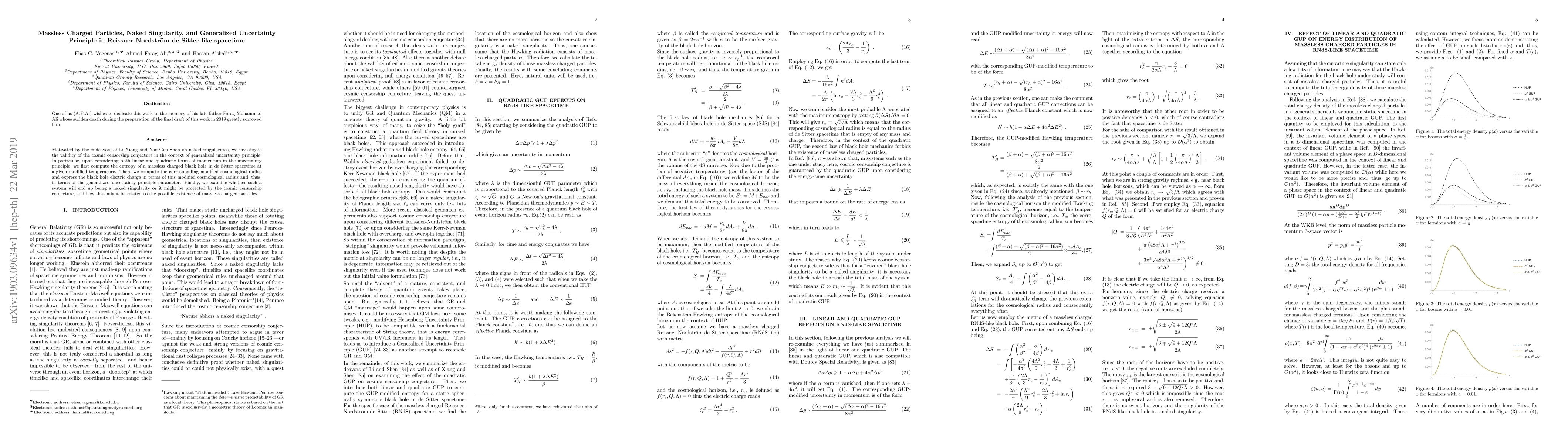 Thumbnail for Massless Charged Particles, Naked Singularity, and Generalized
  Uncertainty Principle in Reissner-Nordstr\"{o}m-de Sitter-like spacetime