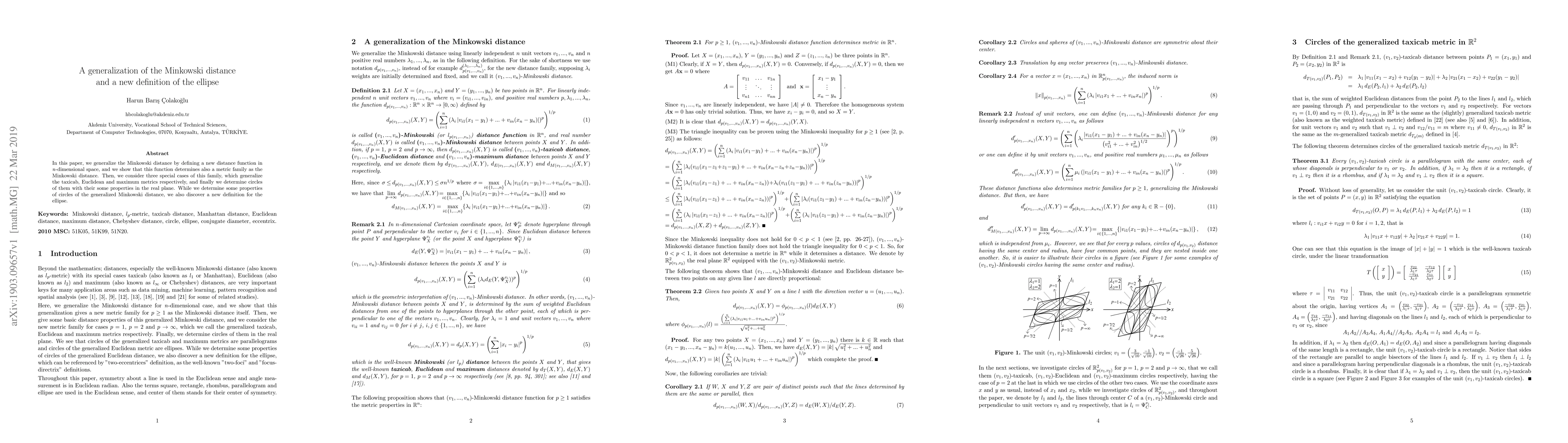 Thumbnail for A generalization of the Minkowski distance and a new definition of the
  ellipse