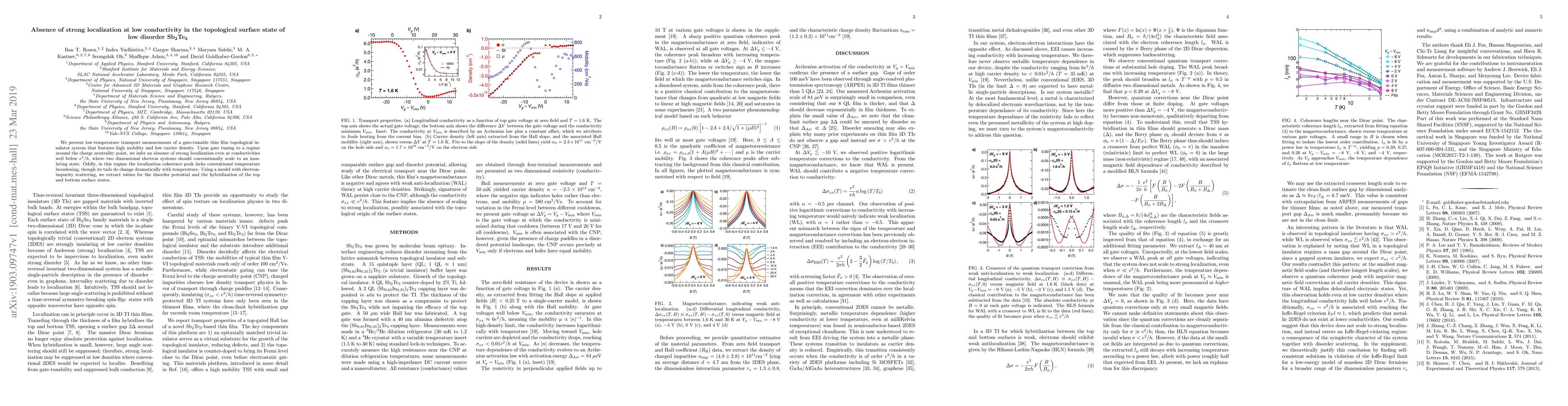 Thumbnail for Absence of strong localization at low conductivity in the topological
  surface state of low disorder Sb2Te3