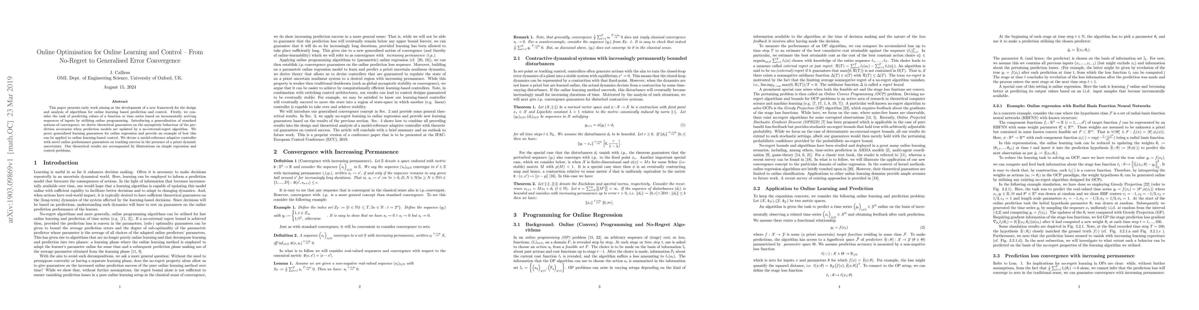 Thumbnail for Online Optimisation for Online Learning and Control -- From No-Regret to
  Generalised Error Convergence