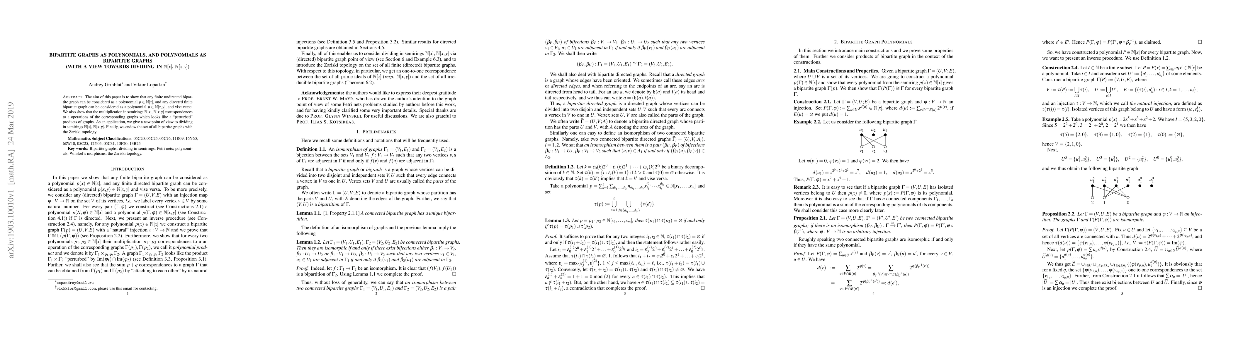 Thumbnail for Bipartite Graphs as Polynomials, and Polynomials as Bipartite Graphs
  (with a view towards dividing in $\mathbb{N}[x],$ $\mathbb{N}[x,y]$)