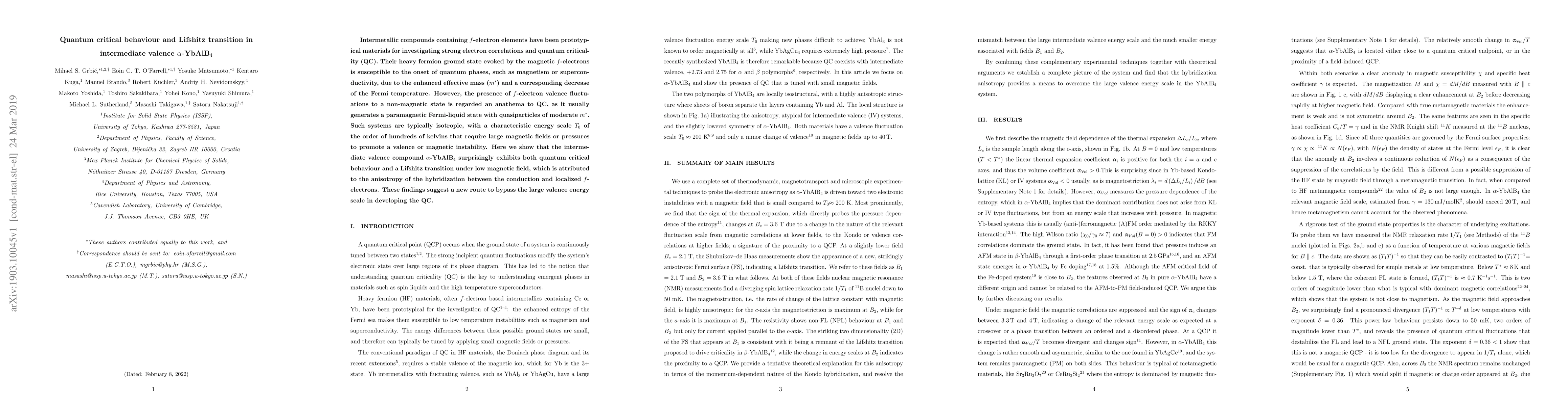 Thumbnail for Quantum critical behaviour and Lifshitz transition in intermediate
  valence $\alpha$-YbAlB$_4$