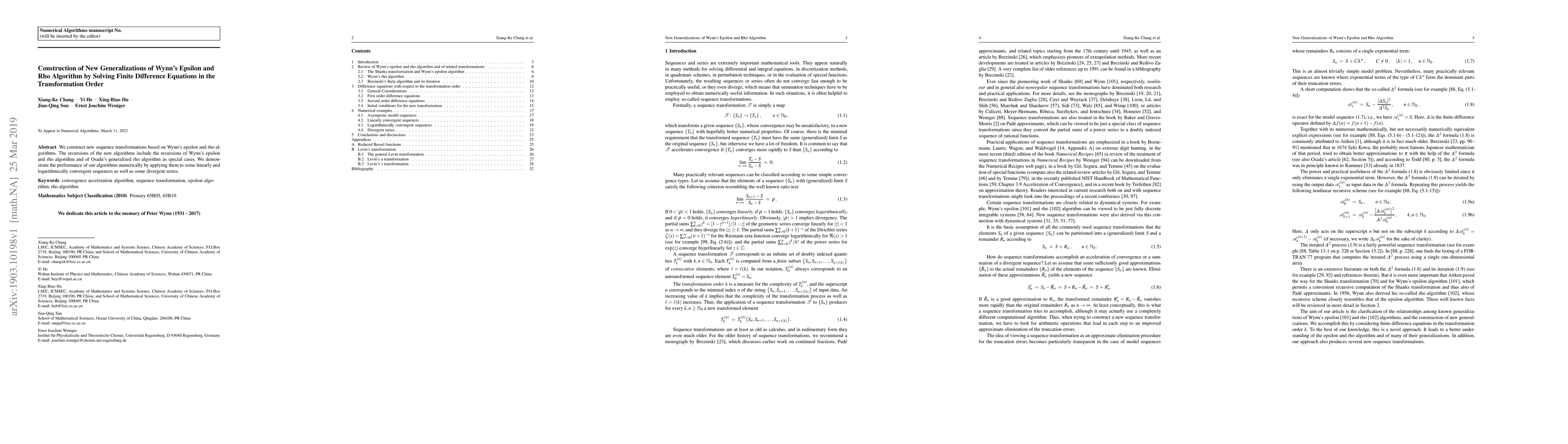 Thumbnail for Construction of New Generalizations of Wynn's Epsilon and Rho Algorithm
  by Solving Finite Difference Equations in the Transformation Order