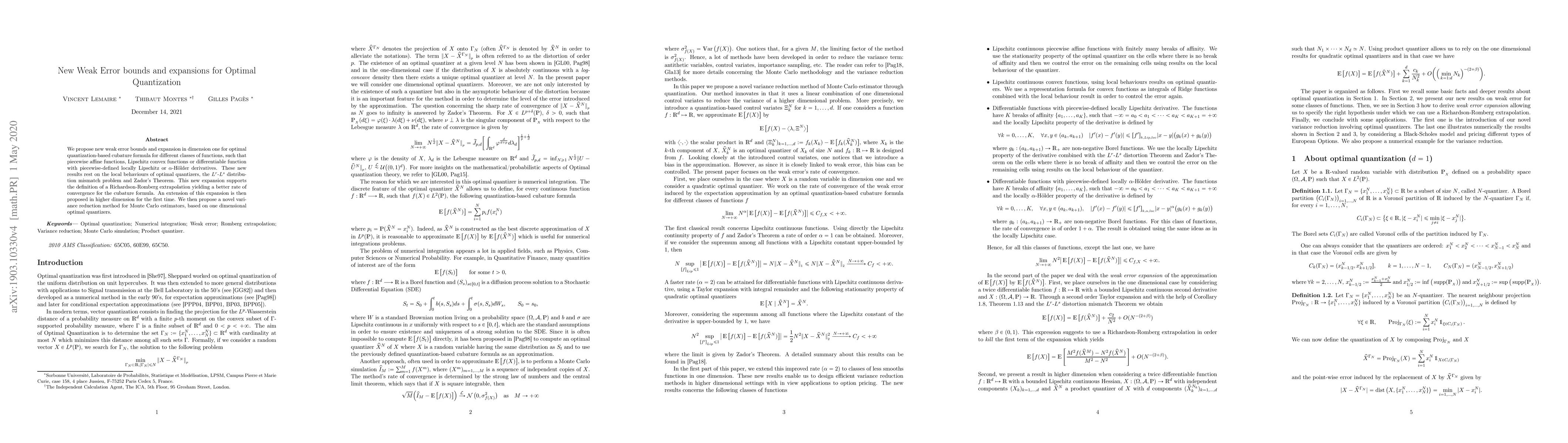 Thumbnail for New Weak Error bounds and expansions for Optimal Quantization