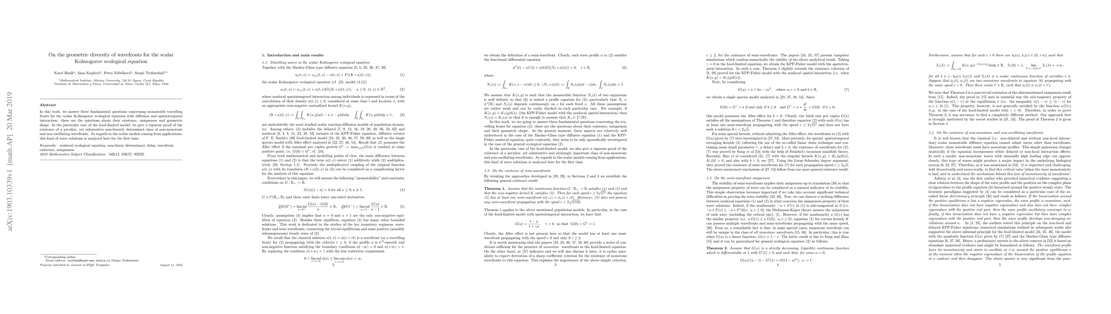 Thumbnail for On the geometric diversity of wavefronts for the scalar Kolmogorov
  ecological equation