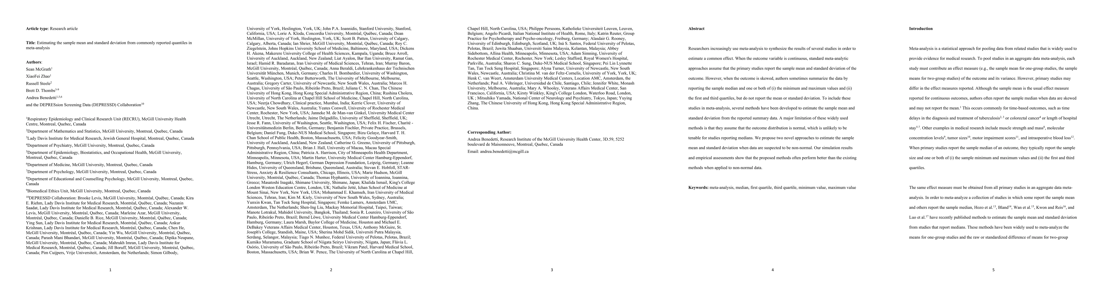 Thumbnail for Estimating the sample mean and standard deviation from commonly reported
  quantiles in meta-analysis
