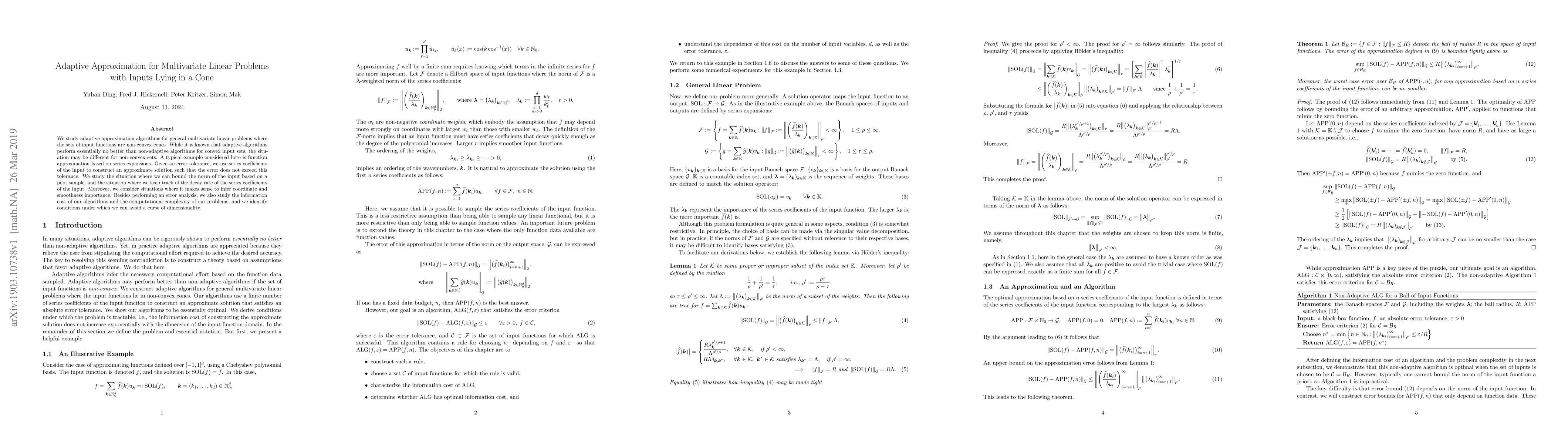 Thumbnail for Adaptive Approximation for Multivariate Linear Problems with Inputs
  Lying in a Cone