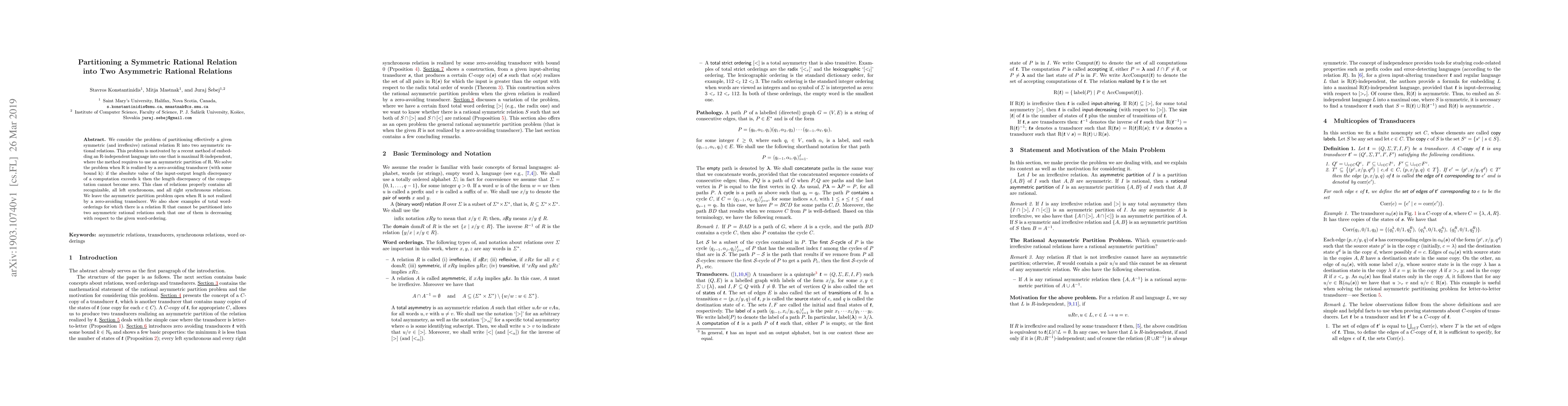Thumbnail for Partitioning a Symmetric Rational Relation into Two Asymmetric Rational
  Relations