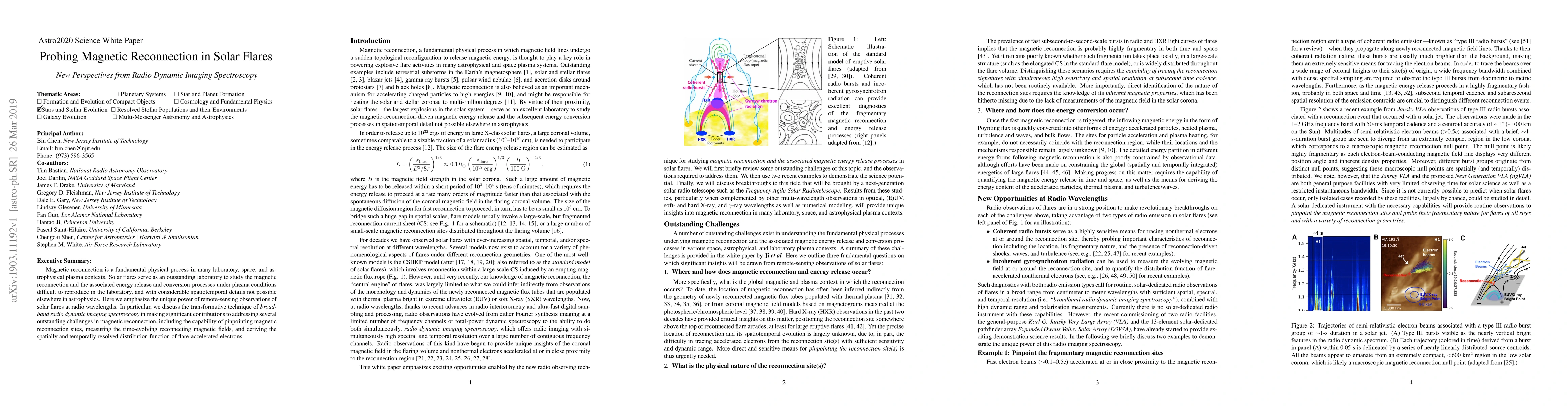 Thumbnail for Astro2020 Science White Paper: Probing Magnetic Reconnection in Solar
  Flares - New Perspectives from Radio Dynamic Imaging Spectroscopy