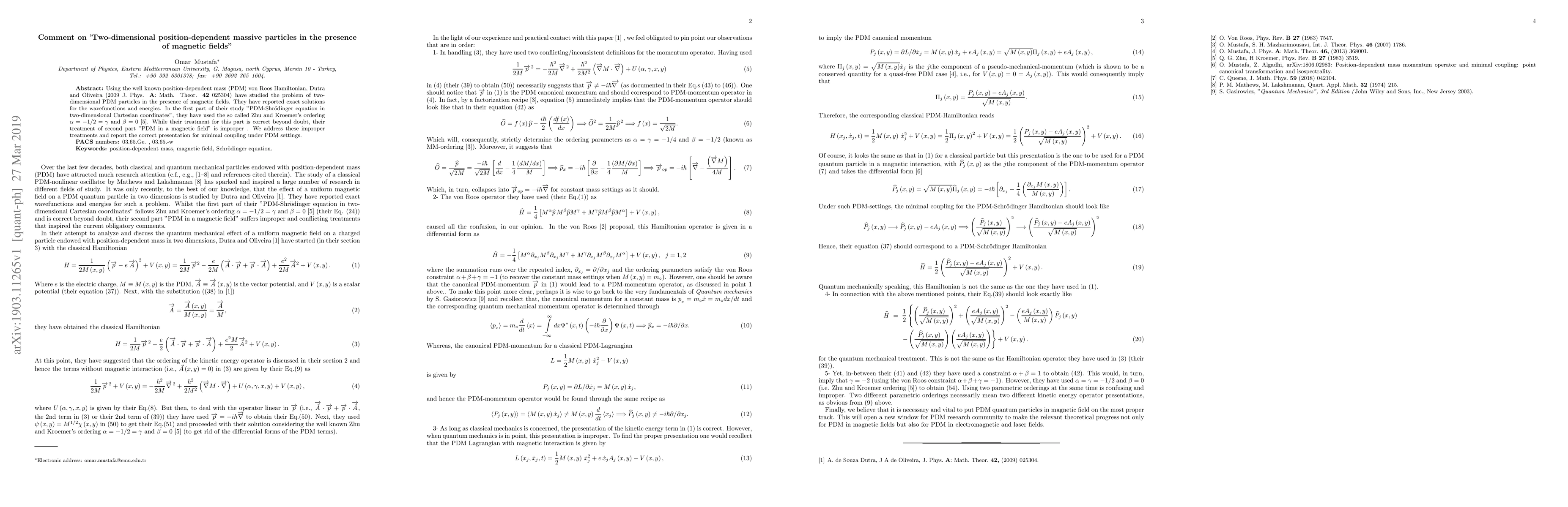 Thumbnail for Comment on 'Two-dimensional position-dependent massive particles in the
  presence of magnetic fields"