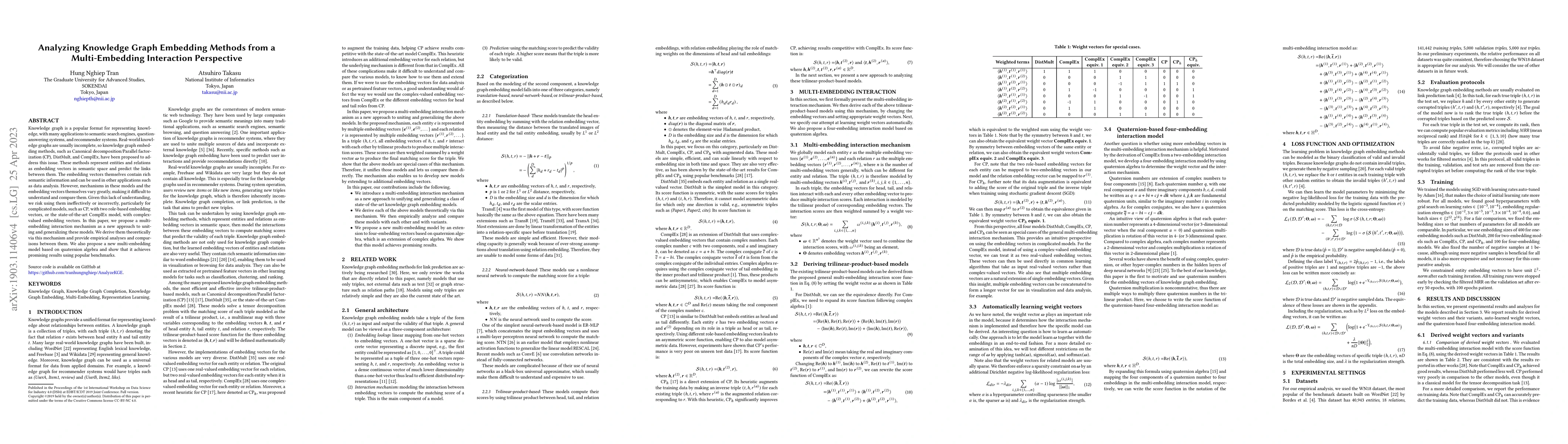 Thumbnail for Analyzing Knowledge Graph Embedding Methods from a Multi-Embedding
  Interaction Perspective