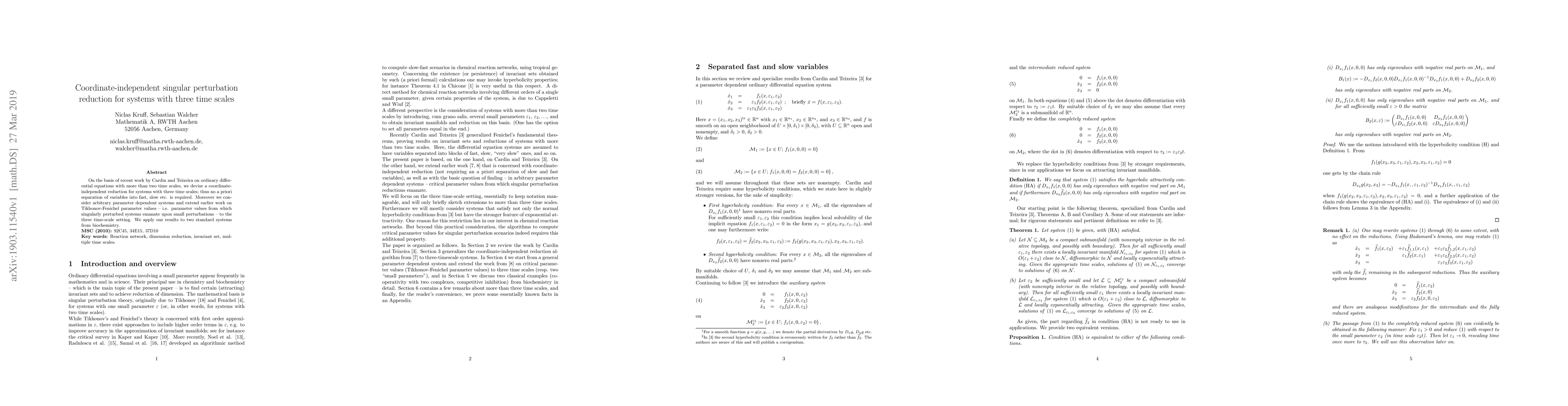 Thumbnail for Coordinate-independent singular perturbation reduction for systems with
  three time scales