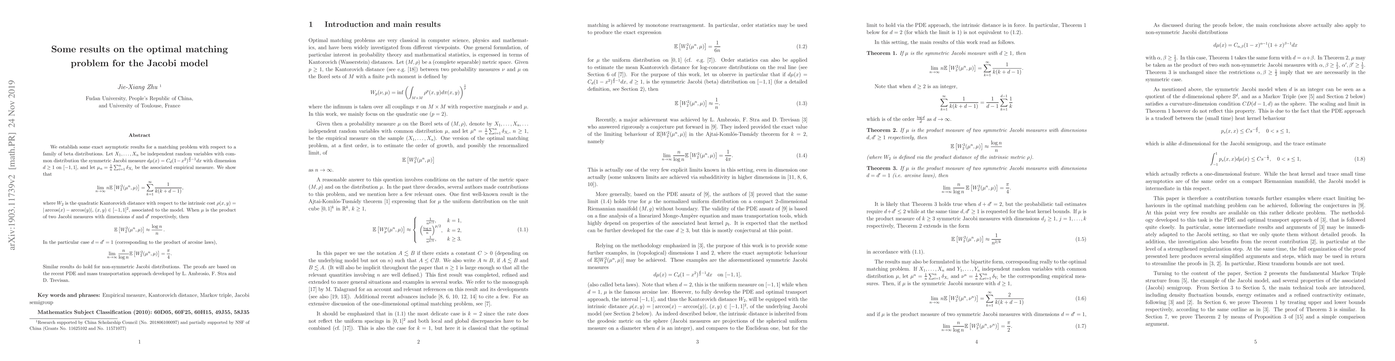 Thumbnail for Some results on the optimal matching problem for the Jacobi model