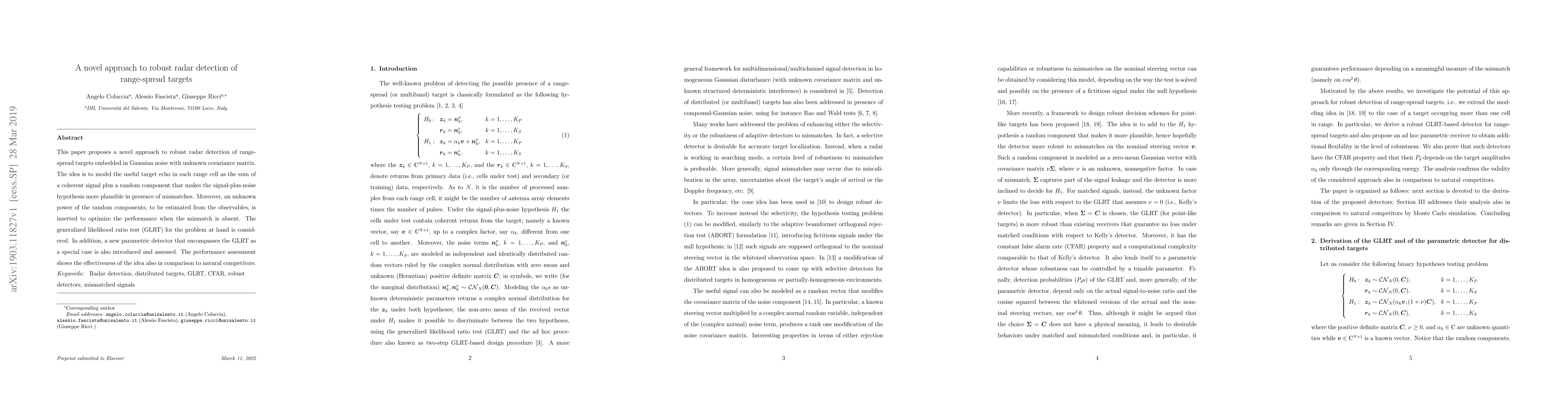 Thumbnail for A novel approach to robust radar detection of range-spread targets
