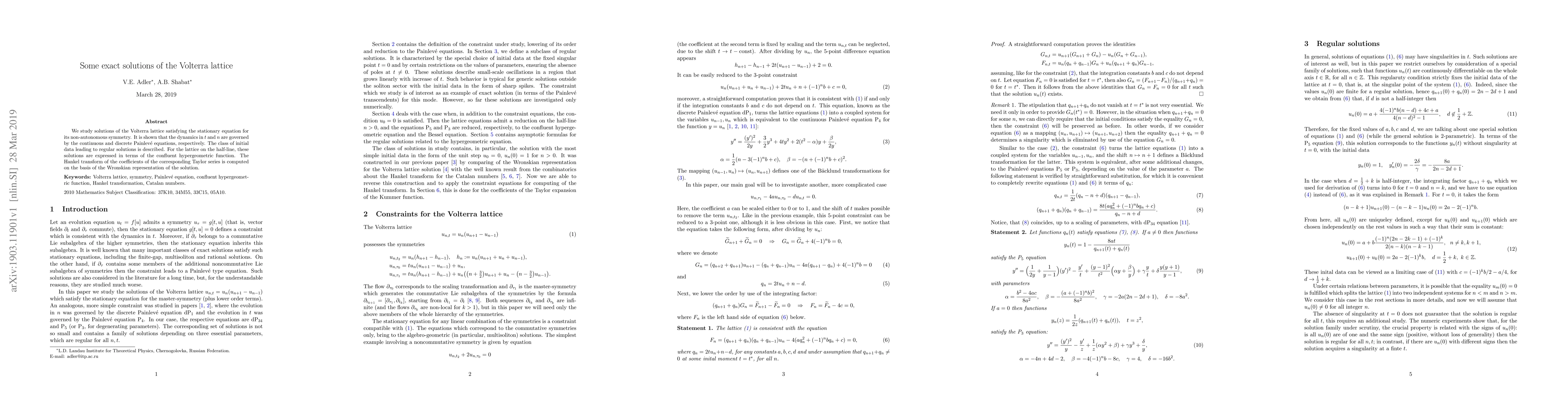 Thumbnail for Some exact solutions of the Volterra lattice