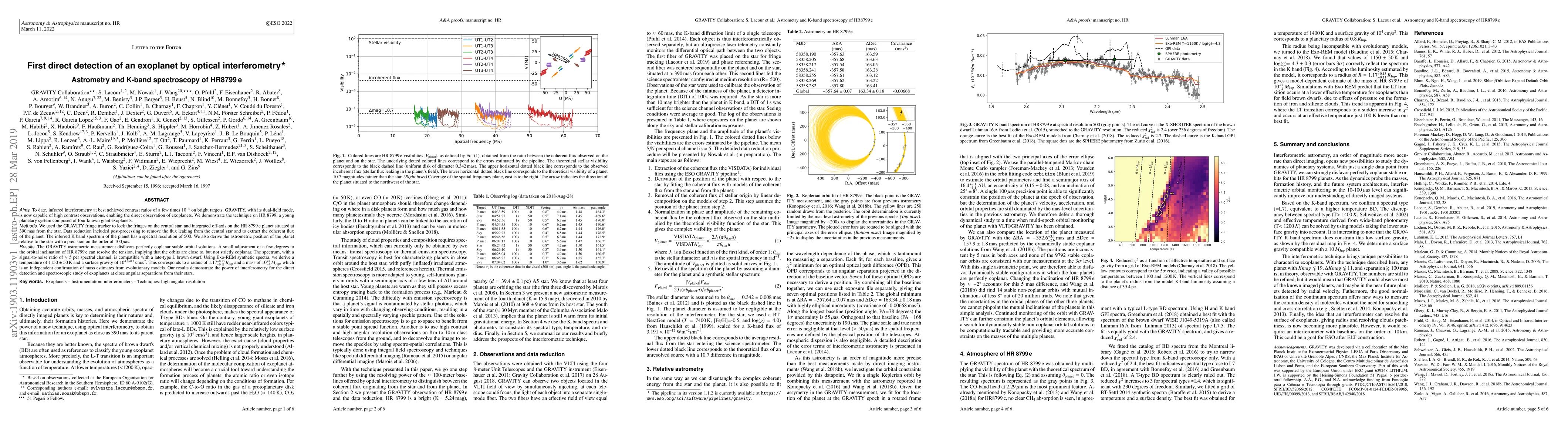 Thumbnail for First direct detection of an exoplanet by optical interferometry;
  Astrometry and K-band spectroscopy of HR8799 e