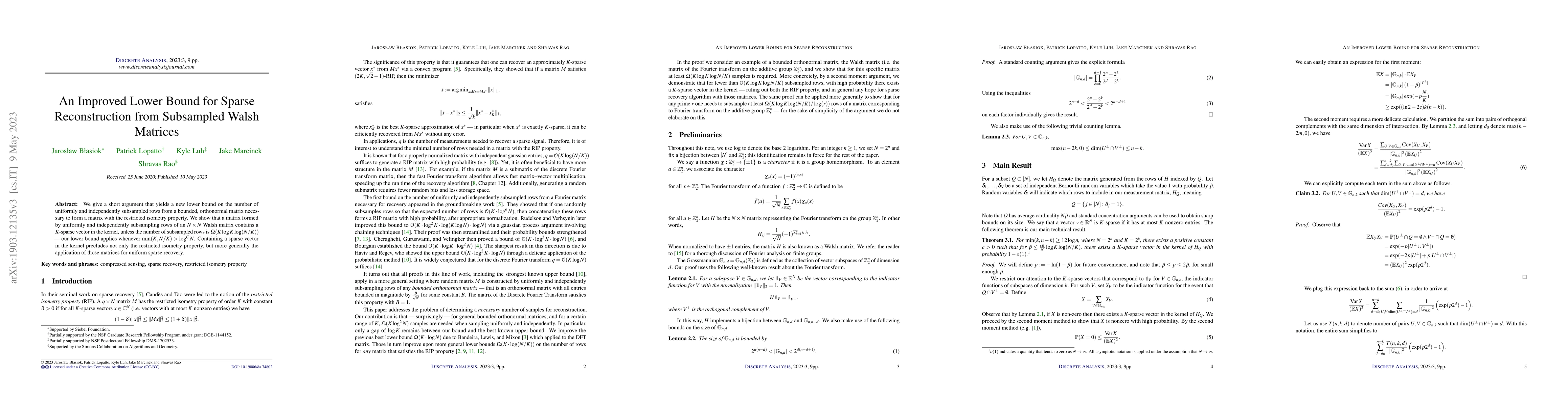 Thumbnail for An Improved Lower Bound for Sparse Reconstruction from Subsampled Walsh
  Matrices