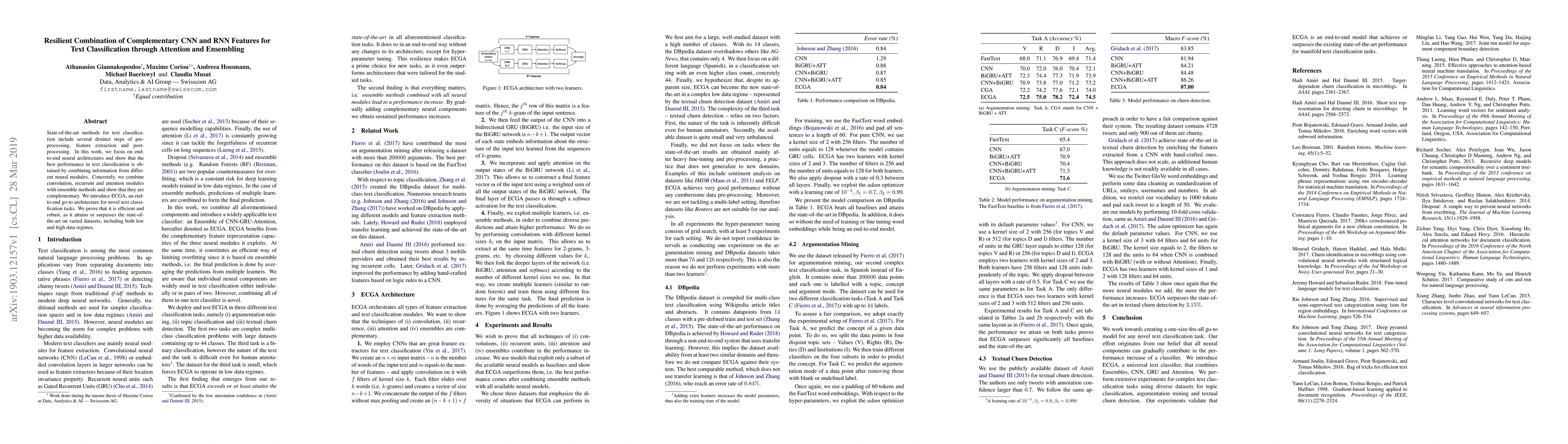 Thumbnail for Resilient Combination of Complementary CNN and RNN Features for Text
  Classification through Attention and Ensembling