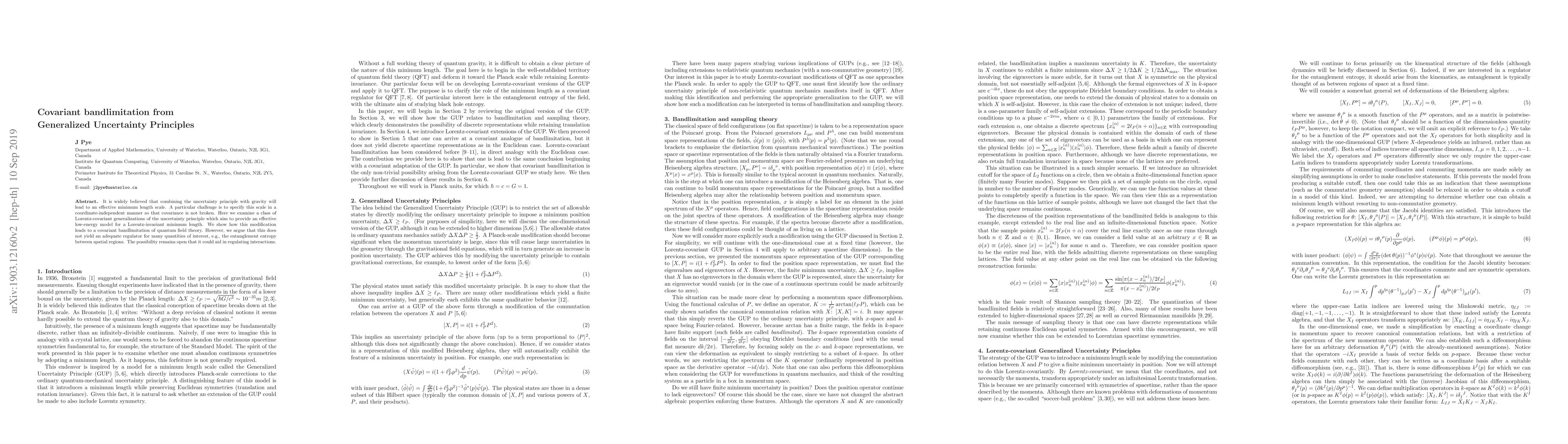 Thumbnail for Covariant bandlimitation from Generalized Uncertainty Principles