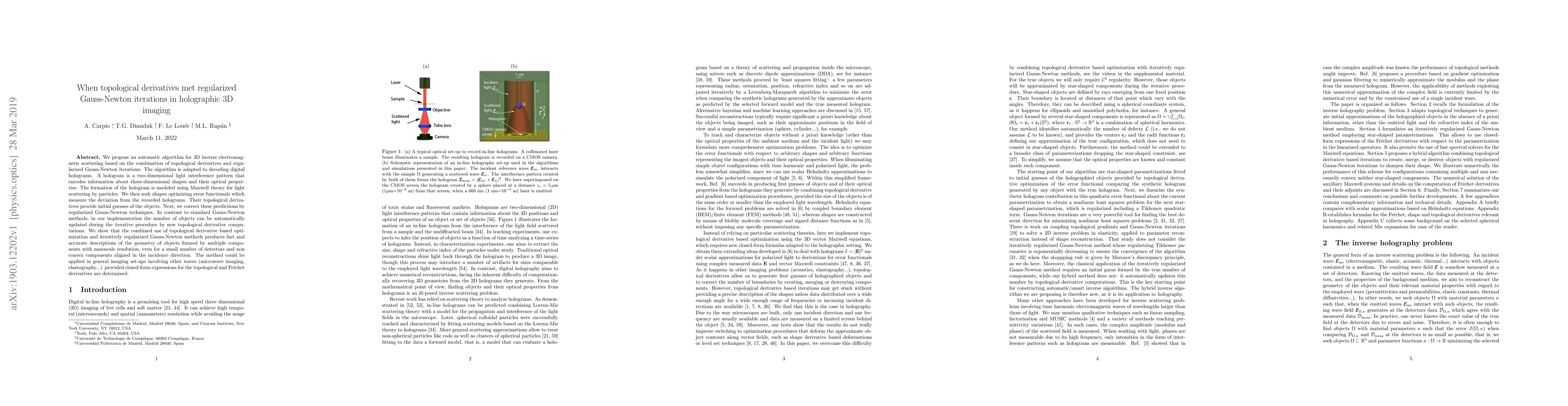 Thumbnail for When topological derivatives met regularized Gauss-Newton iterations in
  holographic 3D imaging